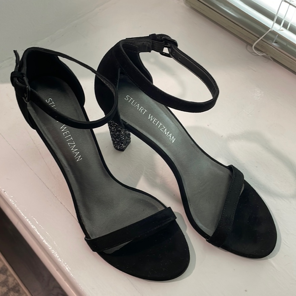 Stuart Weitzmann Black Suede Block Sparkly Heel